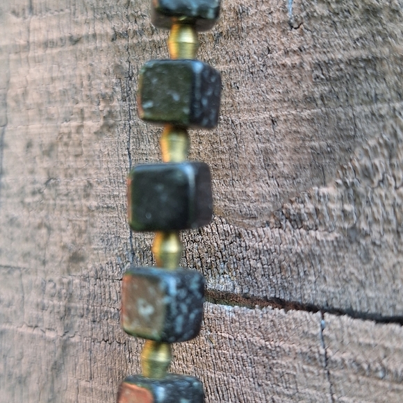Green & Black Cube Bead Necklace Brass Spacers Jasper or Unakite Earthy Hippie - Picture 3 of 5